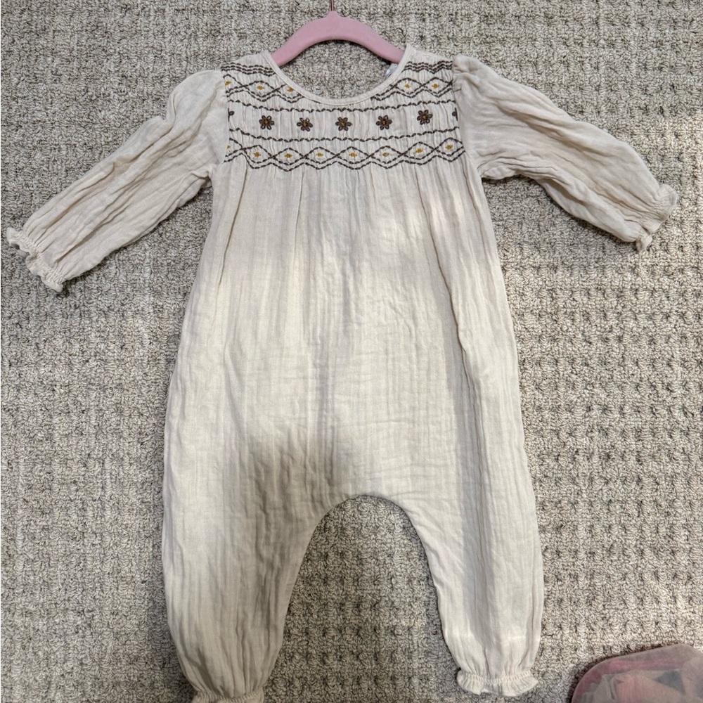 Zara Cream Smocked Floral-Accented One-Piece